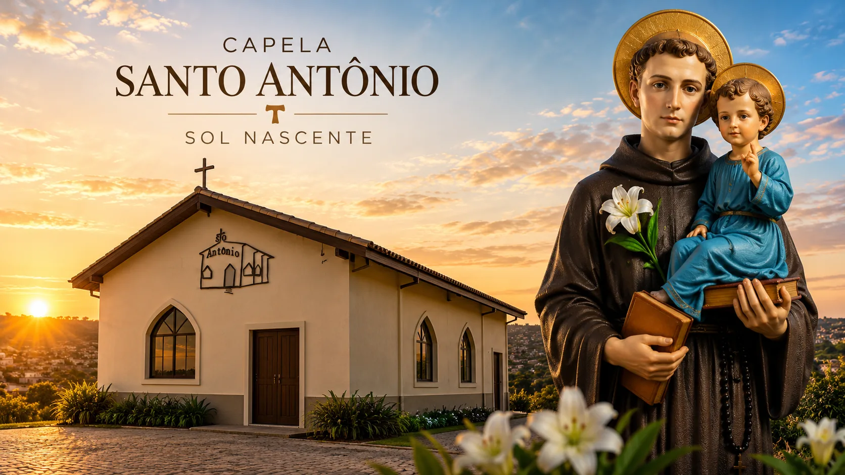 Capela Santo Antônio, Sol Nascente, ao entardecer, com Santo Antônio de Pádua e o Menino Jesus
